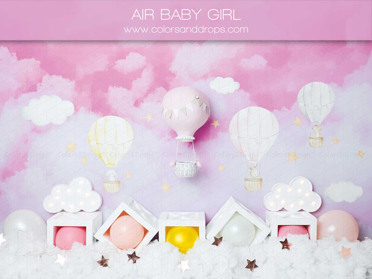 Baby & cake smash photo backdrop Air Baby Girl – pink sky with hot air balloons and clouds | Colors&Drops