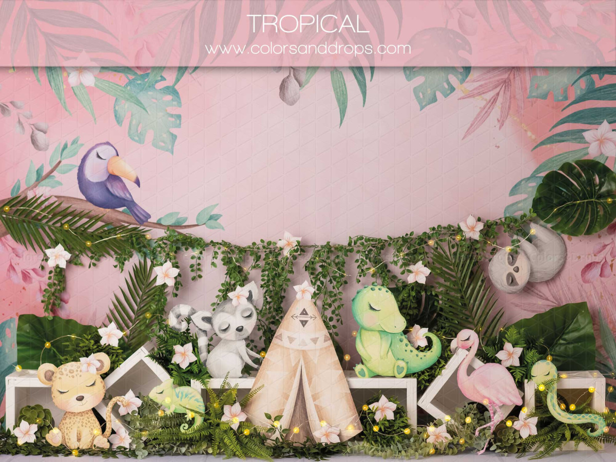 Baby & cake smash photo backdrop Tropical – pink jungle with teepee, plush toys and foliage | Colors&Drops