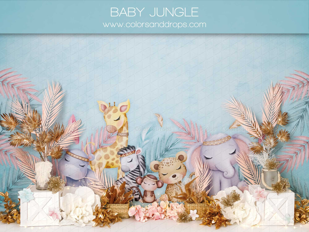 Baby & cake smash photo backdrop Baby Jungle – pastel jungle with plush animals and gold leaves | Colors&Drops