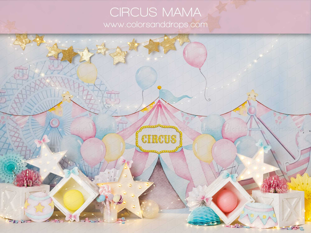 Baby & cake smash photo backdrop Circus Mama – pastel circus tent with stars and balloons | Colors&Drops