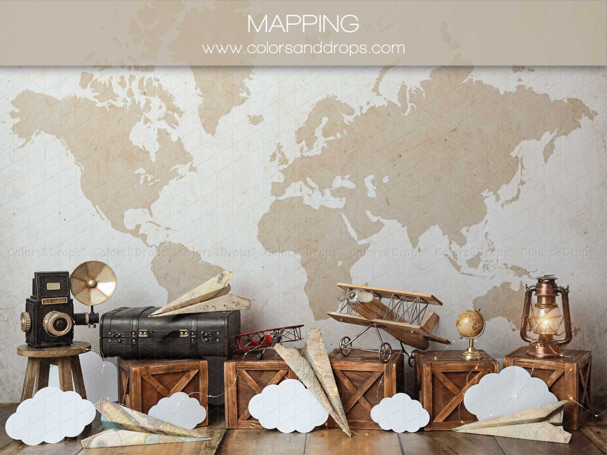 Baby & cake smash photo backdrop Mapping – world map with suitcases, plane and clouds | Colors&Drops