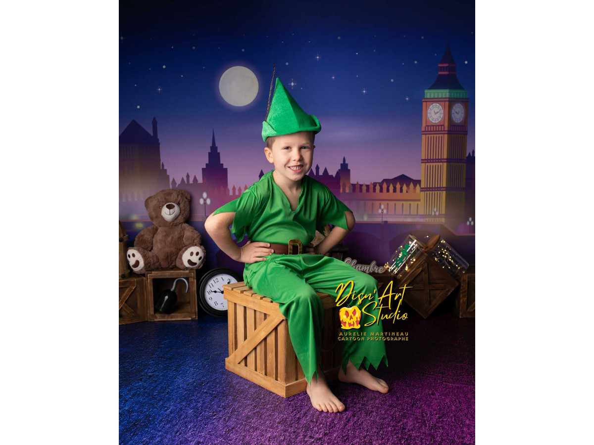 Fond photo bébé et smash cake Peter – londres de nuit avec Big Ben, ourson et caisses | Colors&Drops