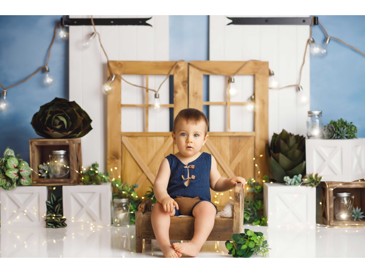Fond photo bébé et smash cake Succulent – portes en bois avec succulentes et guirlande lumineuse | Colors&Drops