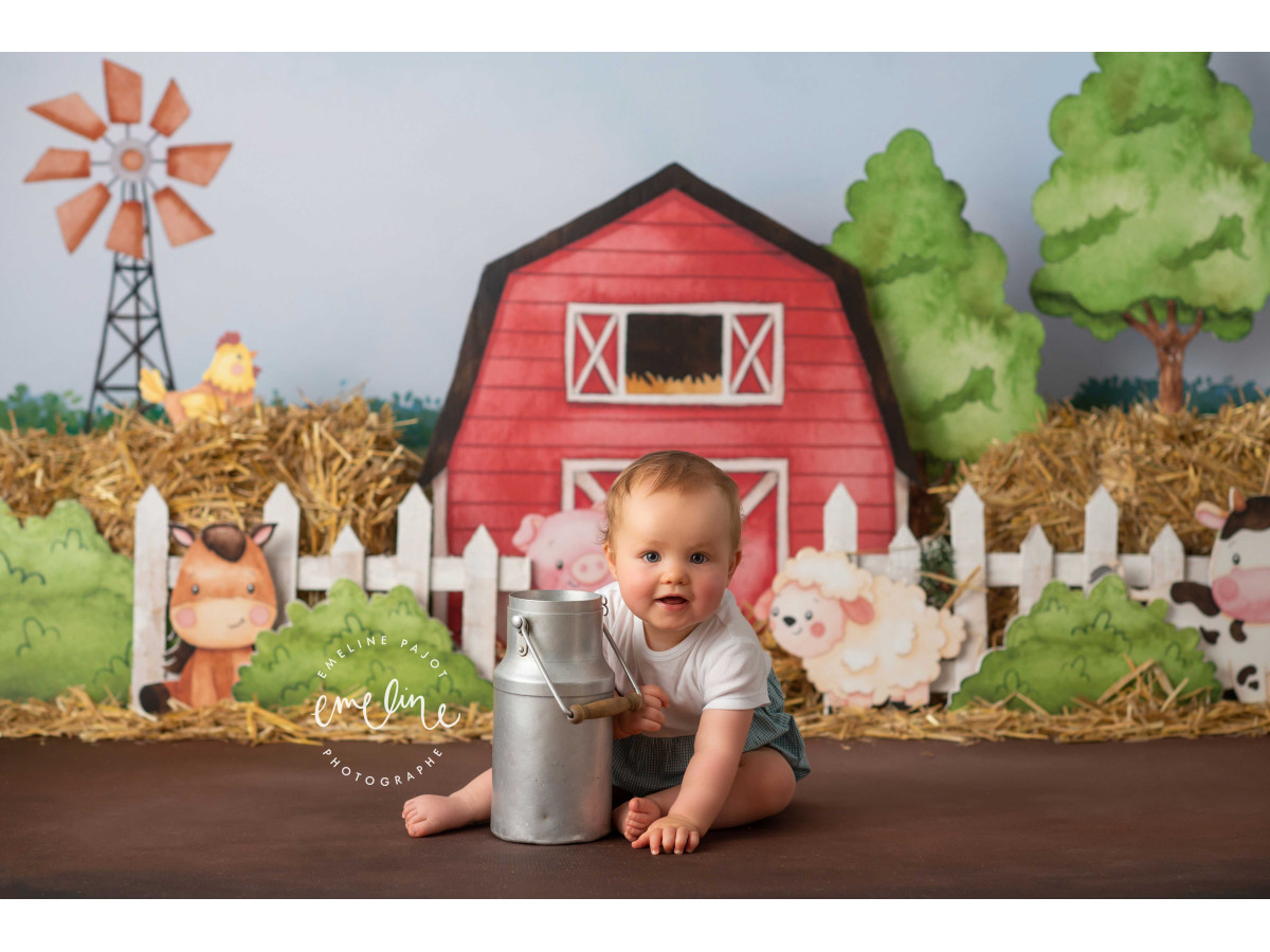 Fondo fotográfico de bebé y smash cake Ferdinand – granja pintada con granero rojo, molino y animales | Colors&Drops