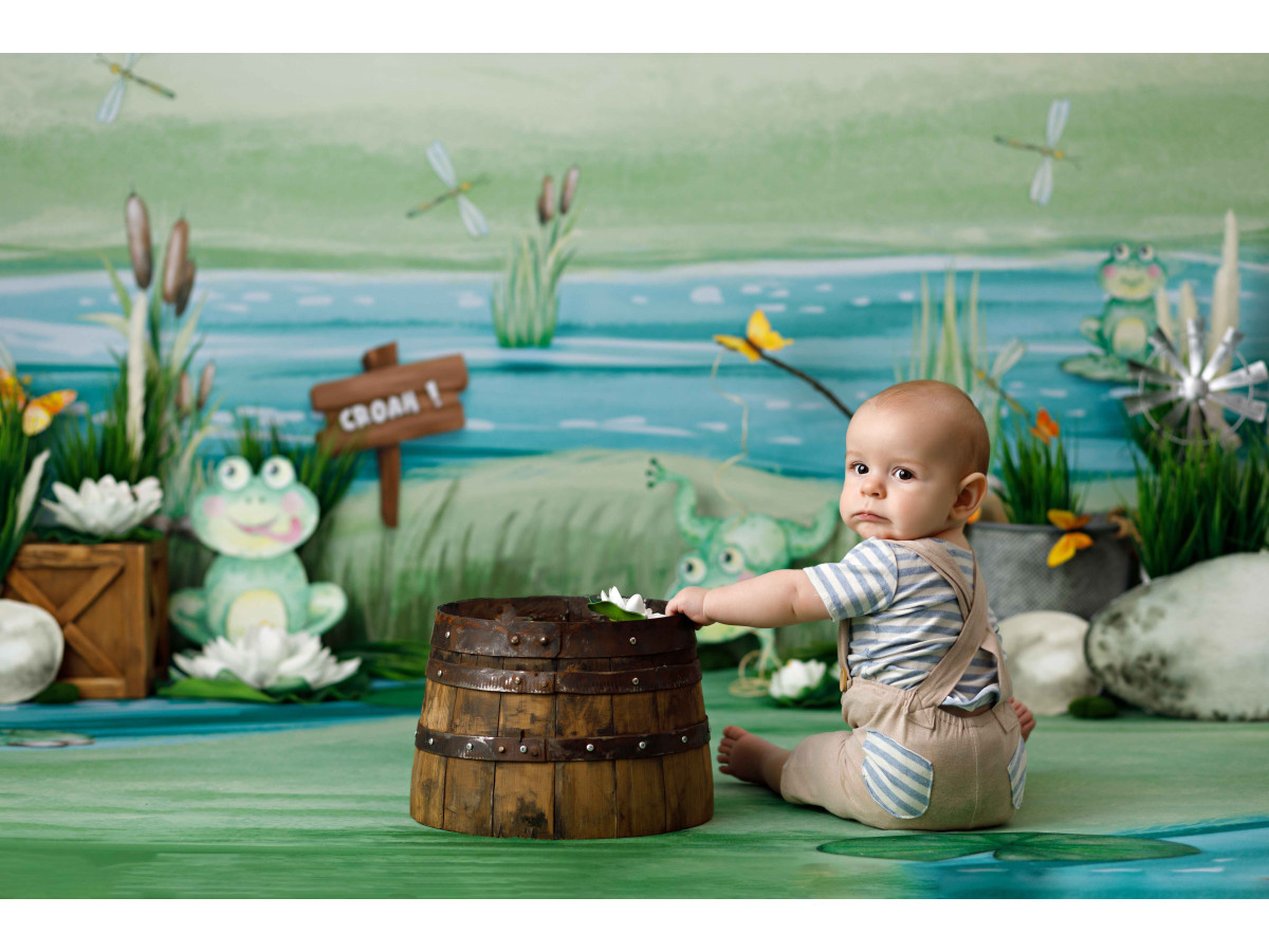 Fondo fotográfico de bebé y smash cake Croah – estanque en acuarela con ranas, juncos y sol | Colors&Drops