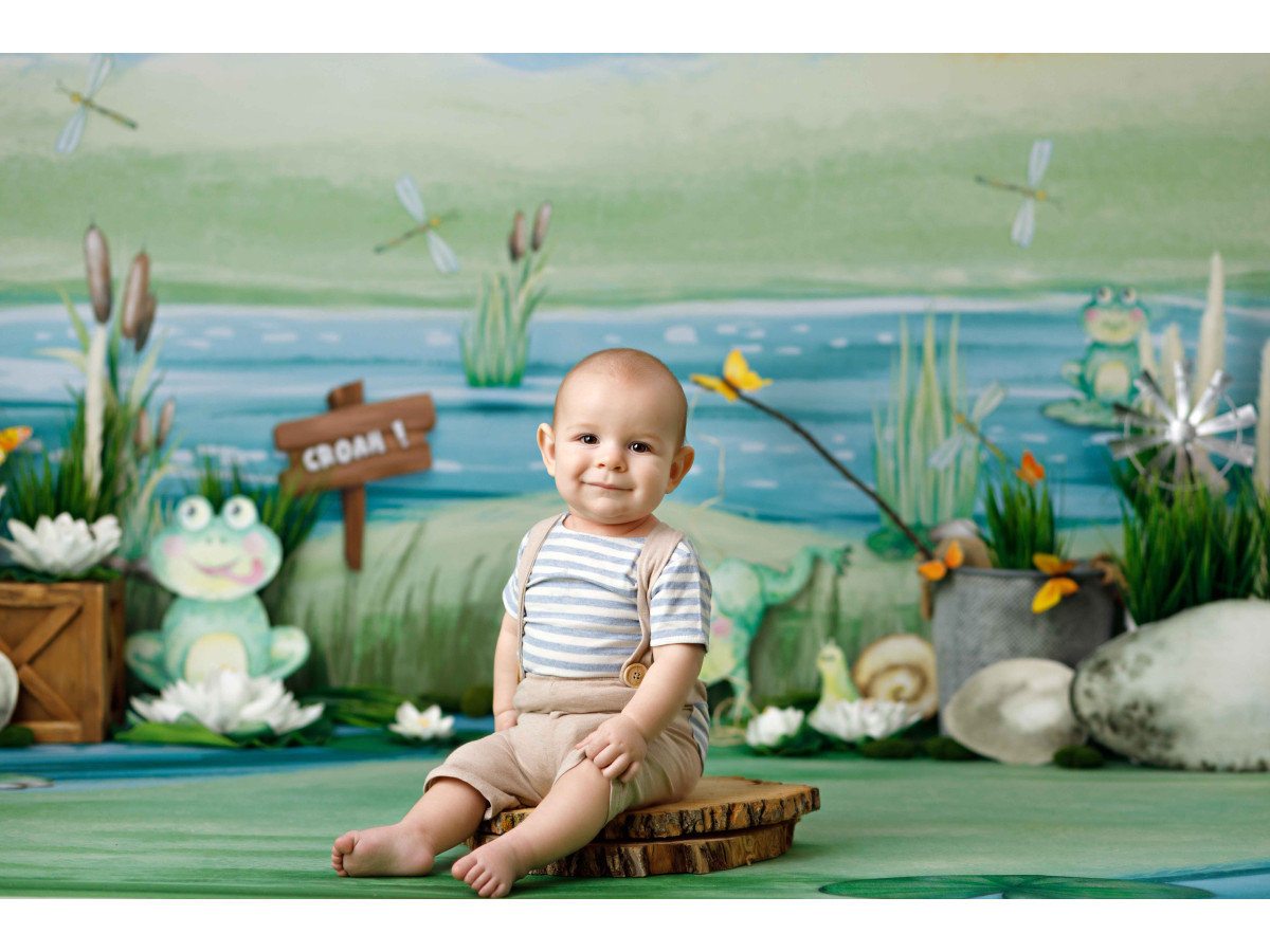 Fondo fotográfico de bebé y smash cake Croah – estanque en acuarela con ranas, juncos y sol | Colors&Drops