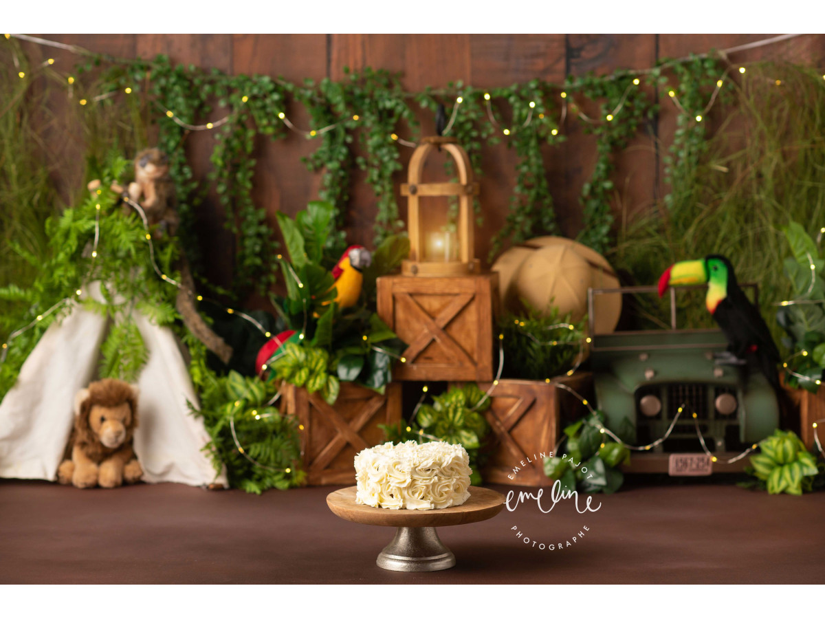 Baby & cake smash photo backdrop Amazonie – jungle on wooden wall with teepee, lantern and jeep | Colors&Drops