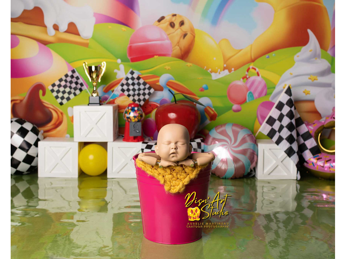 Fond photo bébé et smash cake Sugar Sugar – pays des bonbons avec arc-en-ciel, sucettes et drapeaux | Colors&Drops