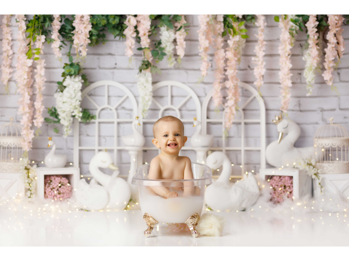 Fond photo bébé et smash cake Rosy Swan – cygnes blancs, fenêtres et glycine rose | Colors&Drops