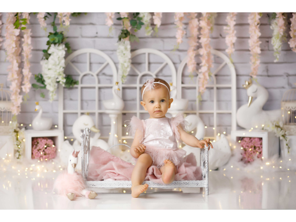 Fond photo bébé et smash cake Rosy Swan – cygnes blancs, fenêtres et glycine rose | Colors&Drops