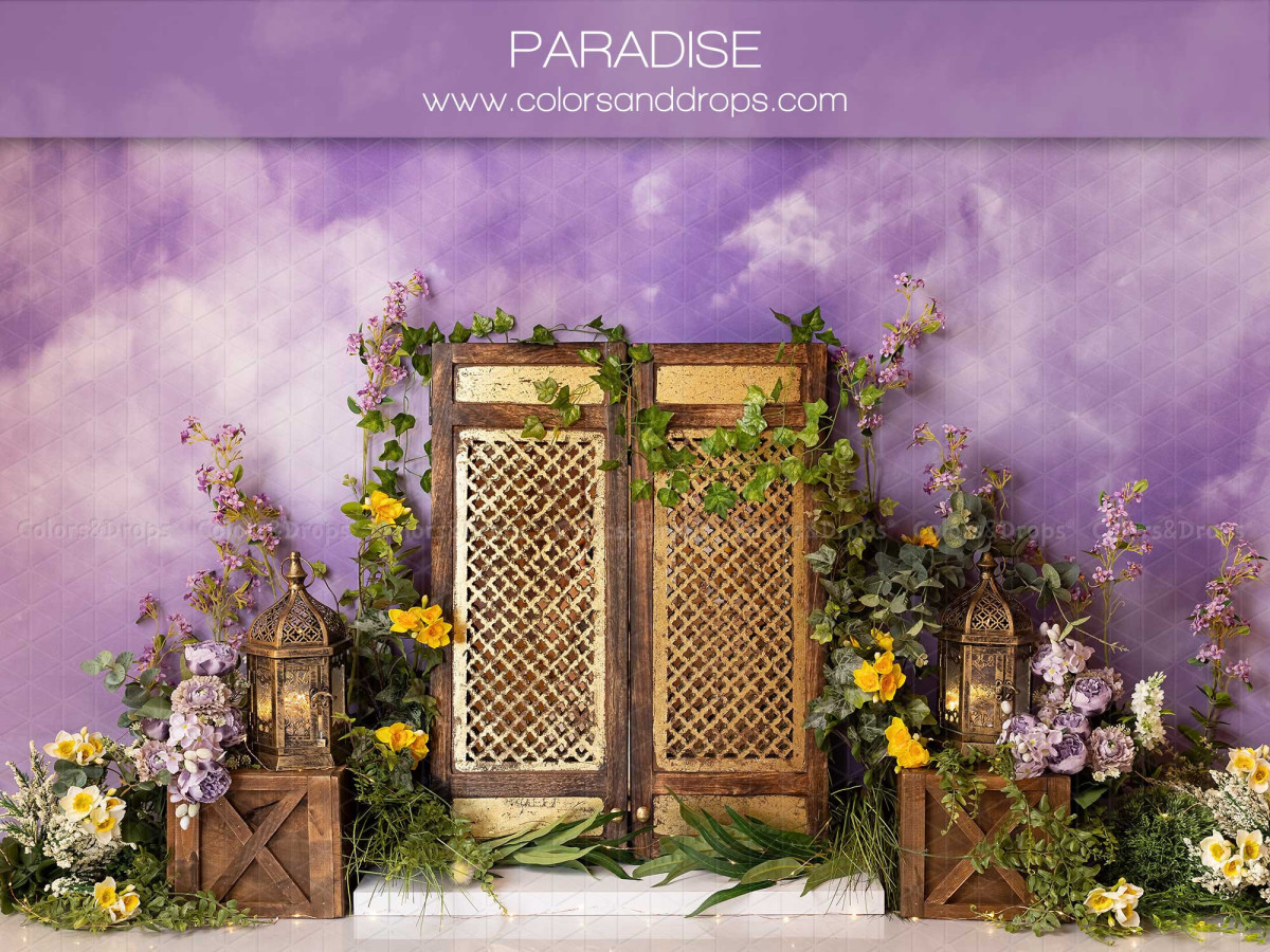 Baby & cake smash photo backdrop Paradise – purple sky with rattan screen and wildflowers | Colors&Drops