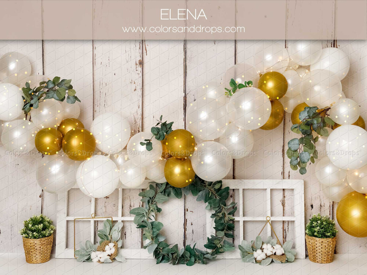 Baby & cake smash photo backdrop Elena – white and gold balloon arch with wreath on white wood | Colors&Drops