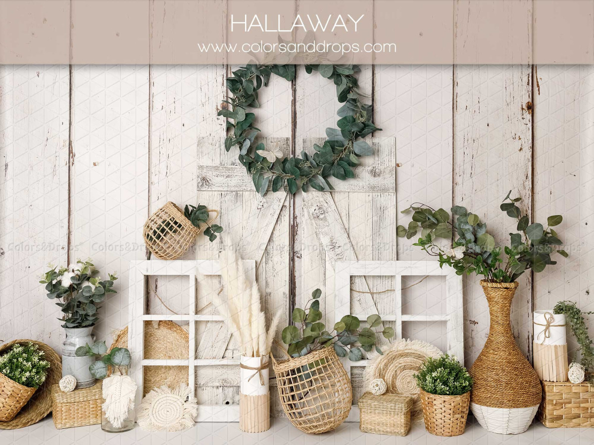 Fond photo bébé et smash cake Hallaway – mur en bois blanc avec couronne, fenêtre et paniers | Colors&Drops