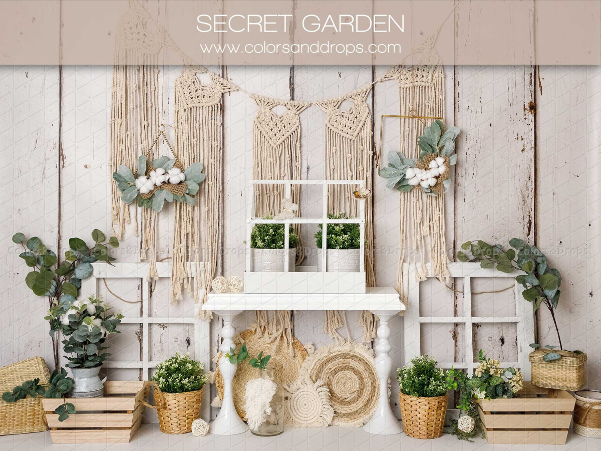 Fond photo bébé et smash cake Secret Garden – mur en bois blanc avec macramé, fenêtre et plantes | Colors&Drops