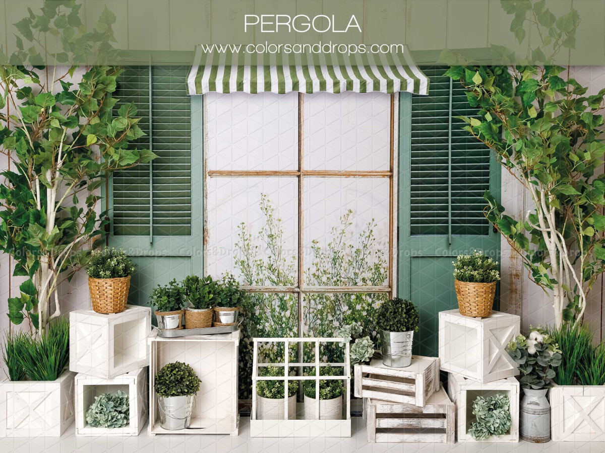 Fondo fotográfico de bebé y smash cake Pergola – pérgola con contraventanas verdes, toldo de rayas y plantas | Colors&Drops