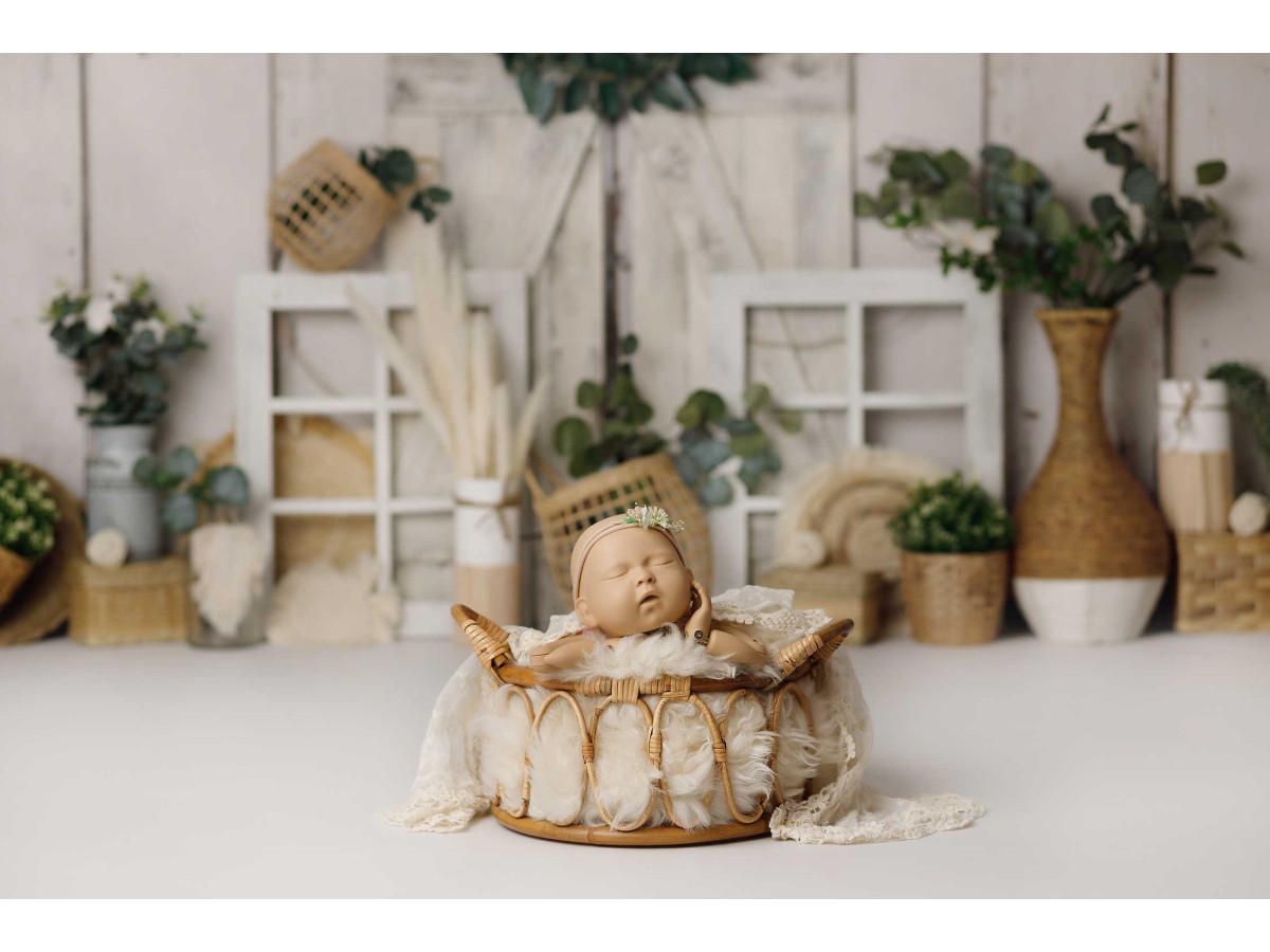 Fond photo bébé et smash cake Hallaway – mur en bois blanc avec couronne, fenêtre et paniers | Colors&Drops