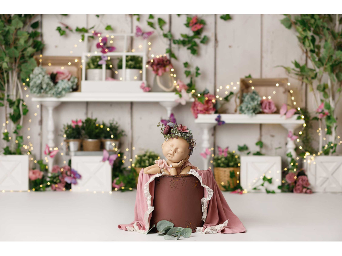 Fondo fotográfico de bebé y smash cake Blooming Spring – pared de madera blanca con estantes, plantas y mariposas | Colors&Drops