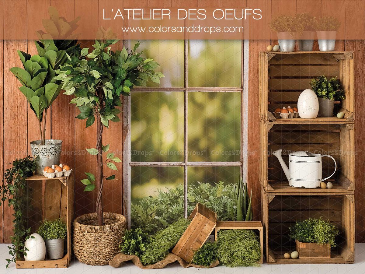 Fondo fotográfico de Pascua L'Atelier des Oeufs – taller de madera con ventana, plantas y cajas | Colors&Drops