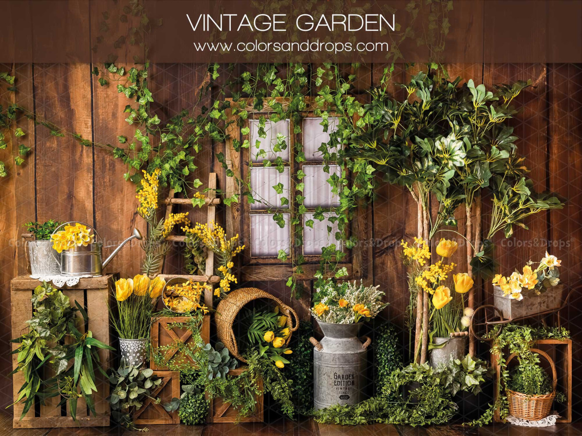 Baby & cake smash photo backdrop Vintage Garden – vintage wooden garden with window and yellow flowers | Colors&Drops