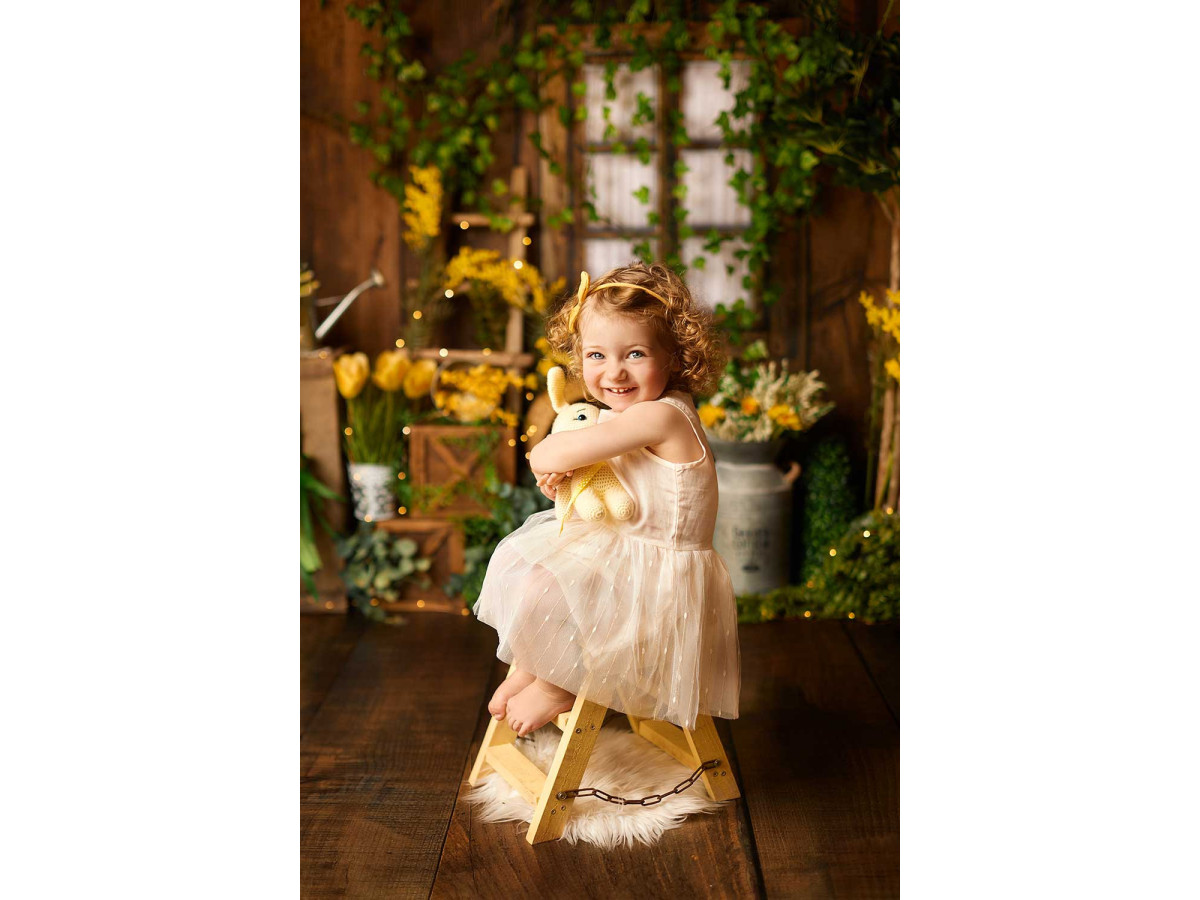 Baby & cake smash photo backdrop Vintage Garden – vintage wooden garden with window and yellow flowers | Colors&Drops