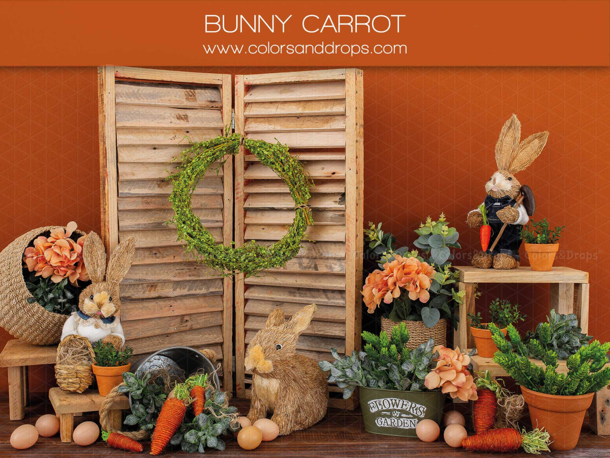 Baby & cake smash photo backdrop Bunny Carrot – orange wall with wooden shutters, bunnies and carrots | Colors&Drops