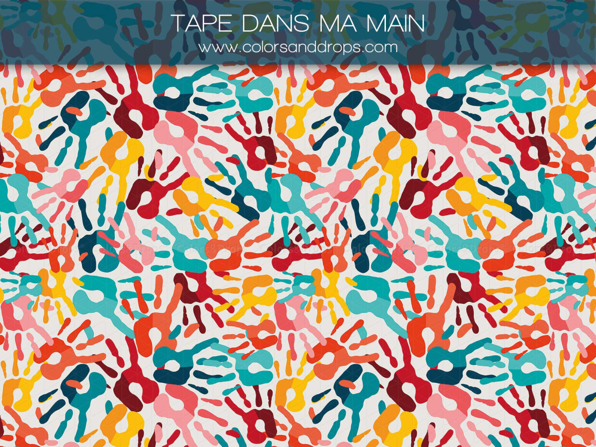 Fond photo scolaire Tape Dans Ma Main – motif d'empreintes de mains colorées | Colors&Drops