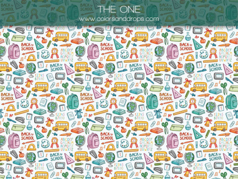Fondo fotográfico escolar The One – motivo de autobuses escolares y material | Colors&Drops