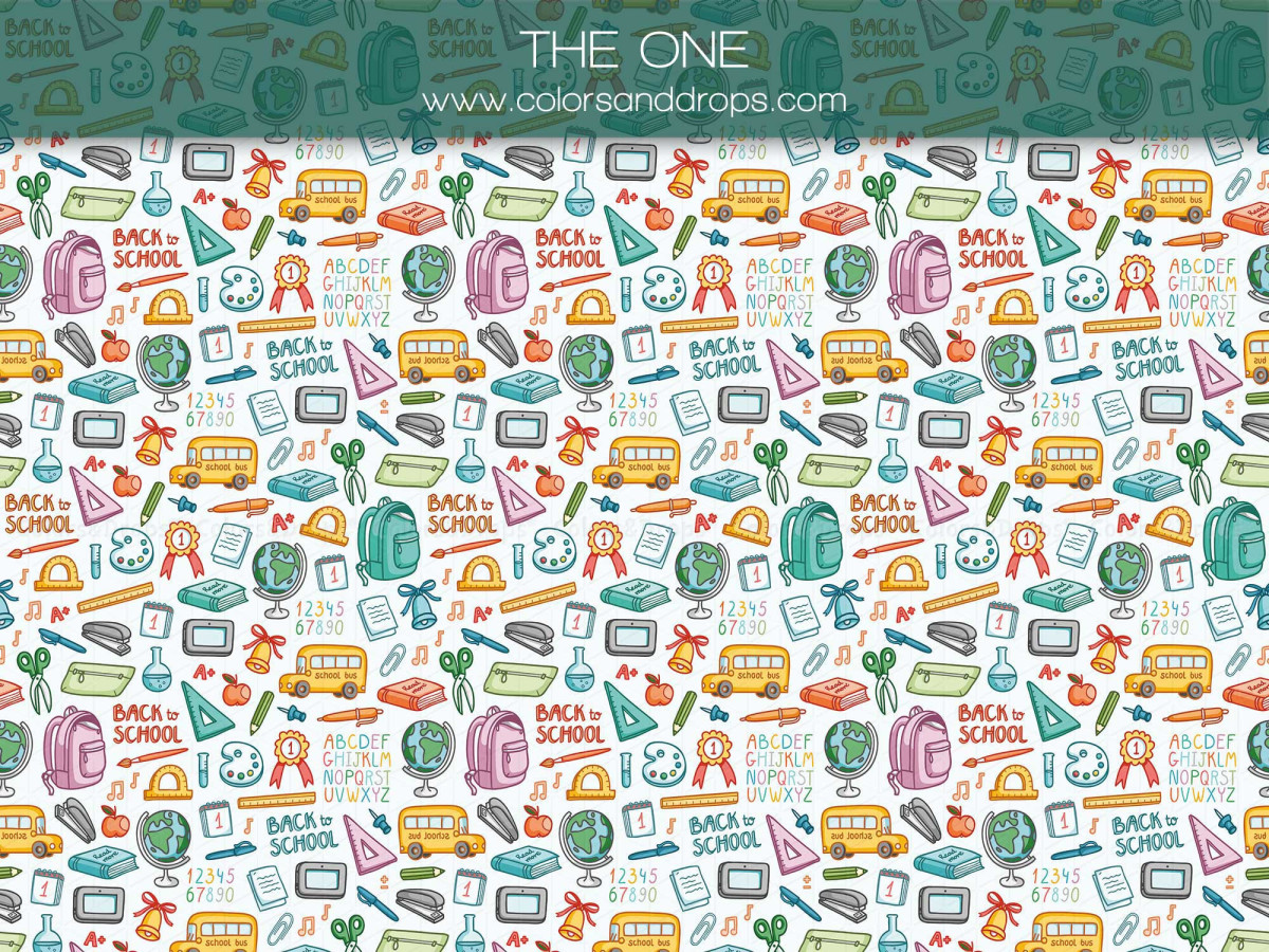 School portrait photo backdrop The One – school bus and supplies pattern | Colors&Drops