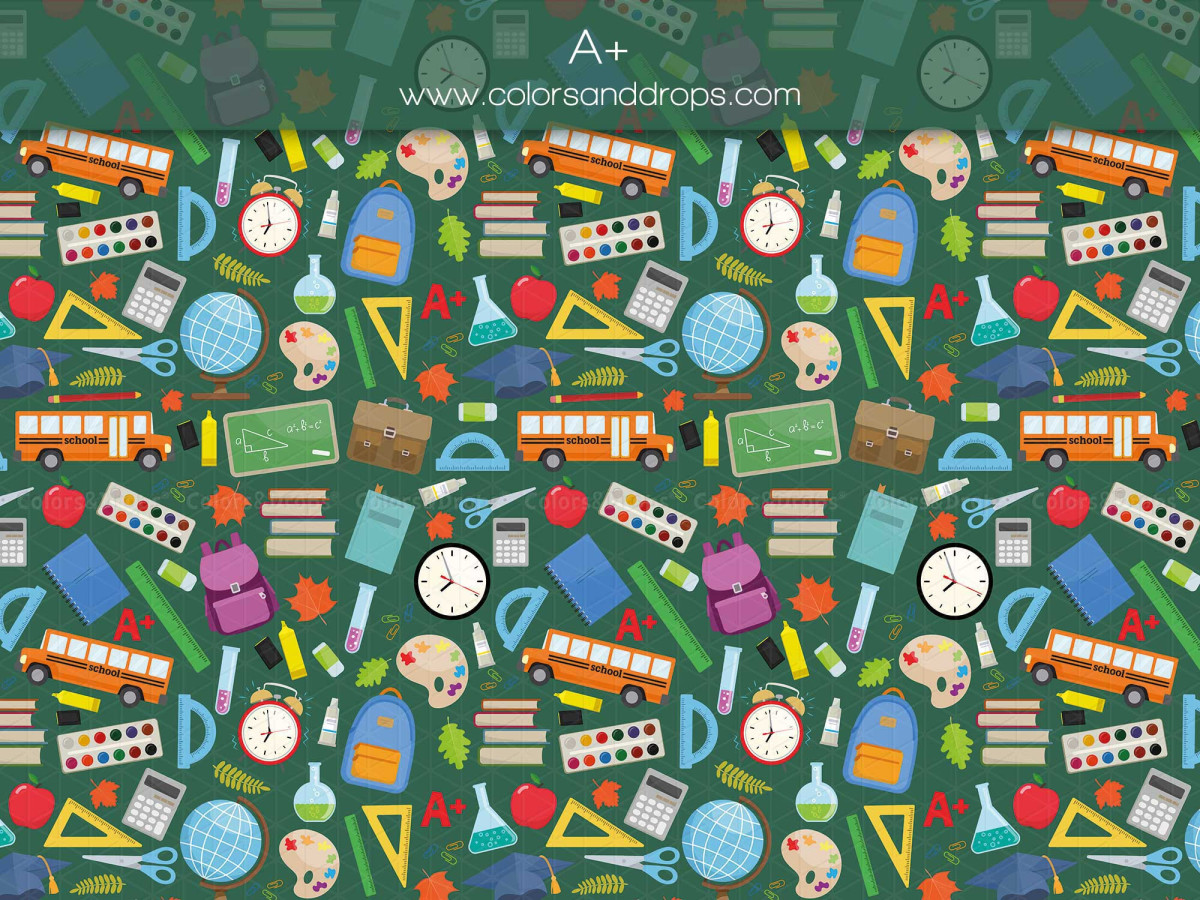 School portrait photo backdrop A+. – school supplies pattern on green background | Colors&Drops