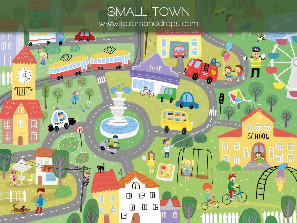 School portrait photo backdrop Small Town – illustrated small town map with roads and school | Colors&Drops