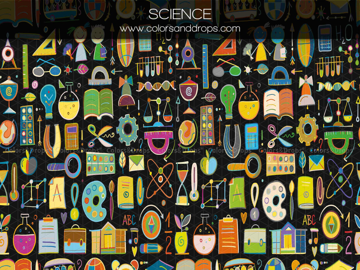 School portrait photo backdrop Science – science and supplies pattern on black background | Colors&Drops