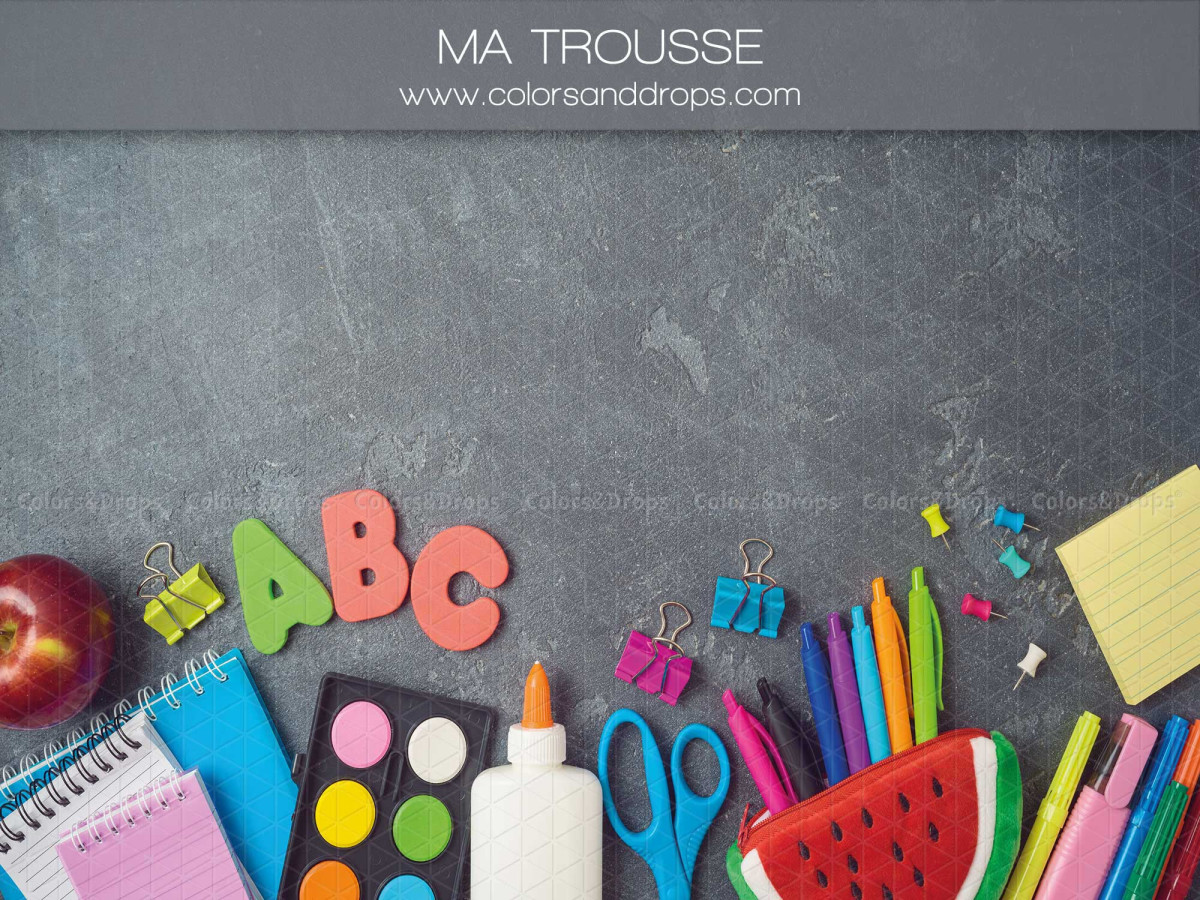 School portrait photo backdrop Ma Trousse – school supplies on slate grey background | Colors&Drops