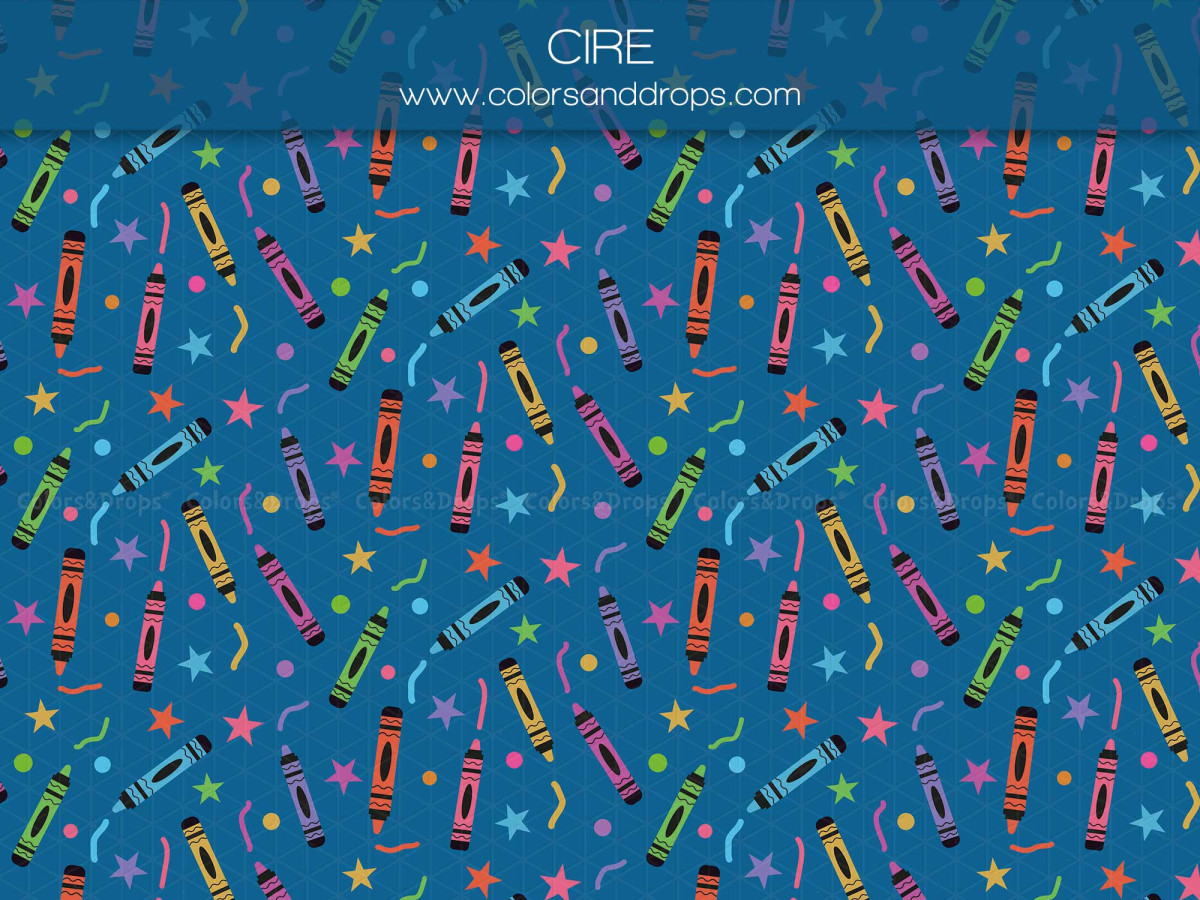School portrait photo backdrop Cire – crayon and star pattern on blue background | Colors&Drops