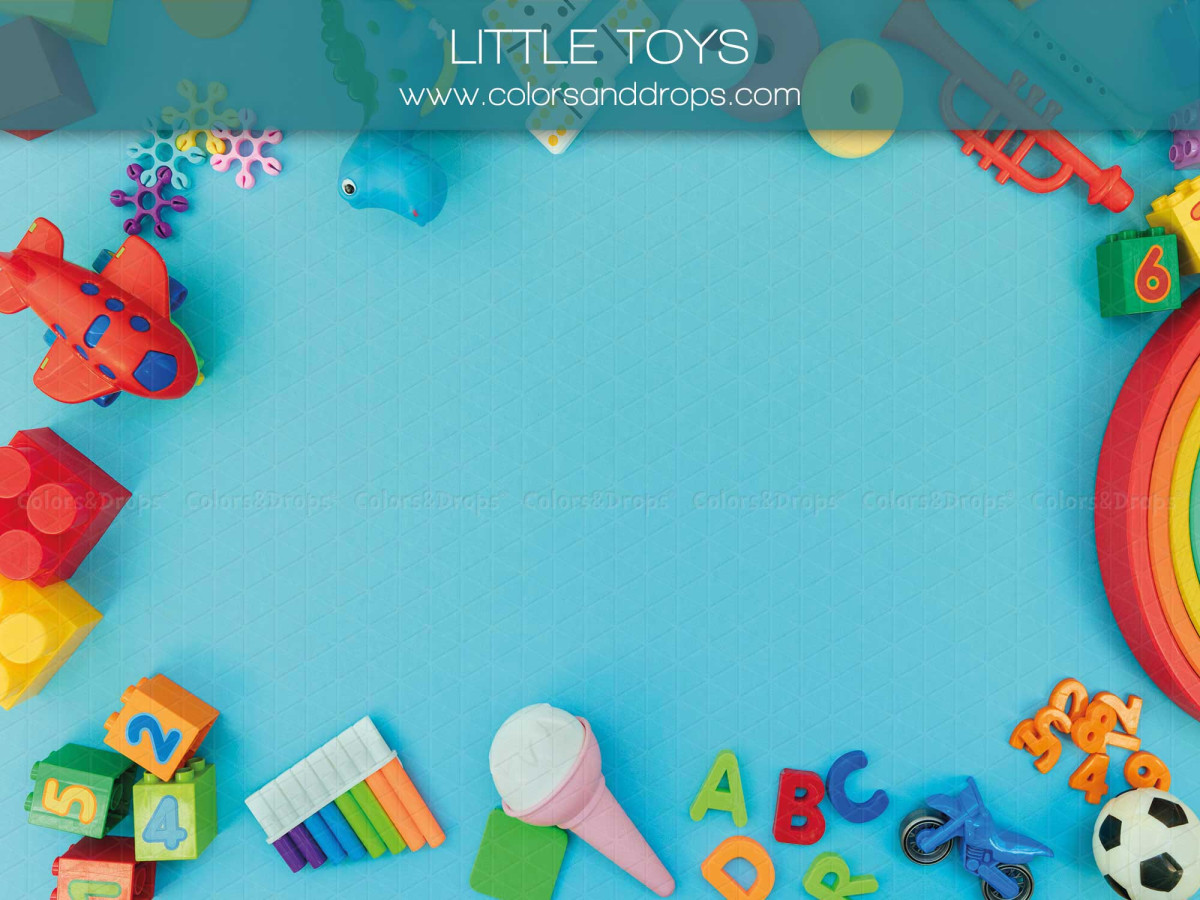 School portrait photo backdrop Little Toy – colorful toys around the edge on blue background | Colors&Drops