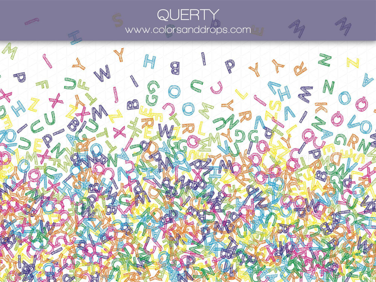 School portrait photo backdrop Querty – colorful scattered letters on white | Colors&Drops