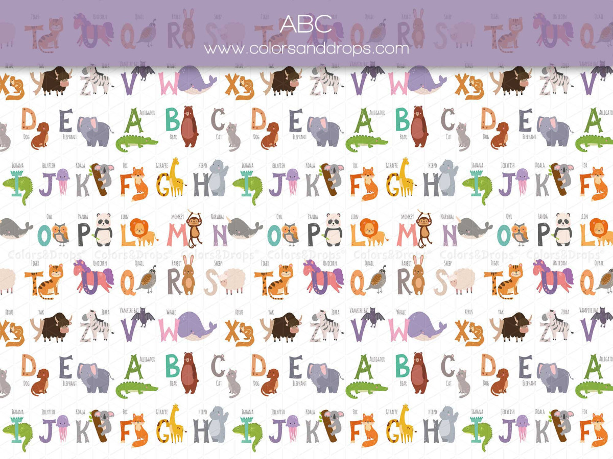 School portrait photo backdrop Abc – illustrated alphabet with animals on white | Colors&Drops