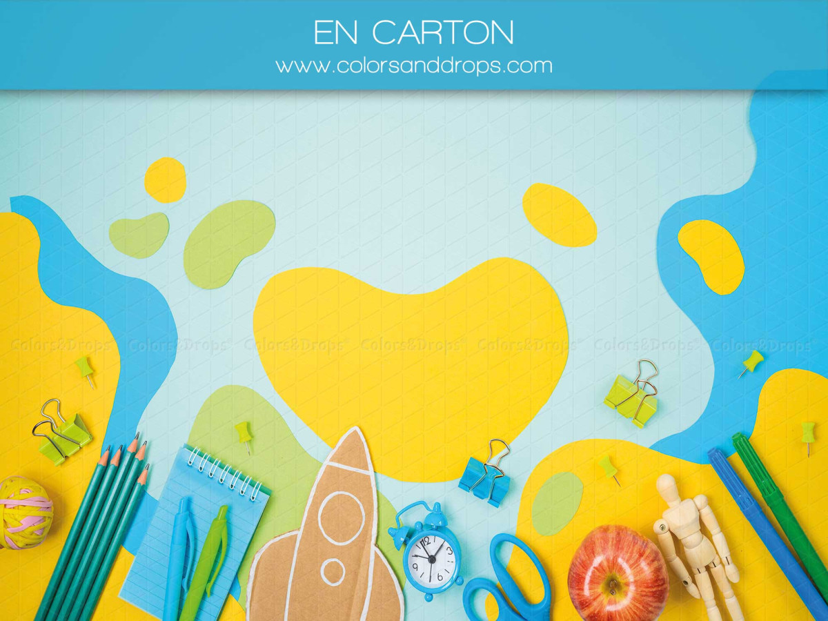 School portrait photo backdrop En Carton – paper cut-out set with rocket and school supplies | Colors&Drops