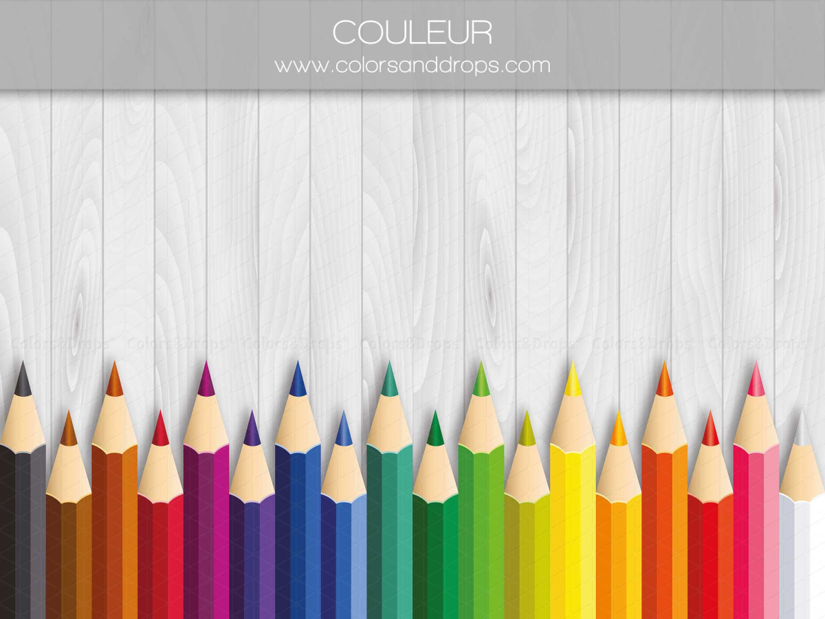 Fondo fotográfico escolar Couleur – lápices de colores sobre tablones de madera gris | Colors&Drops