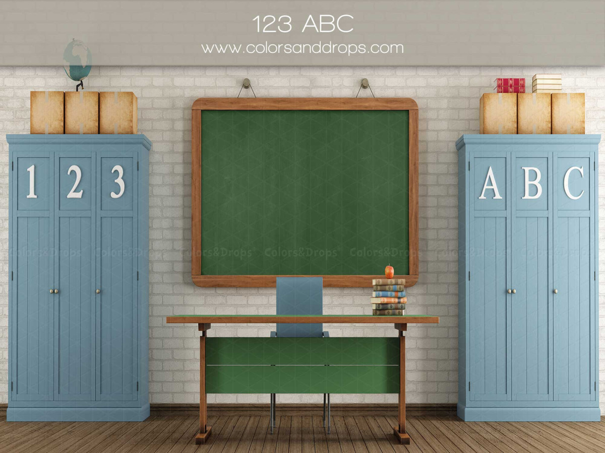 School portrait photo backdrop 123 Abcd – classroom with green chalkboard and blue cabinets | Colors&Drops