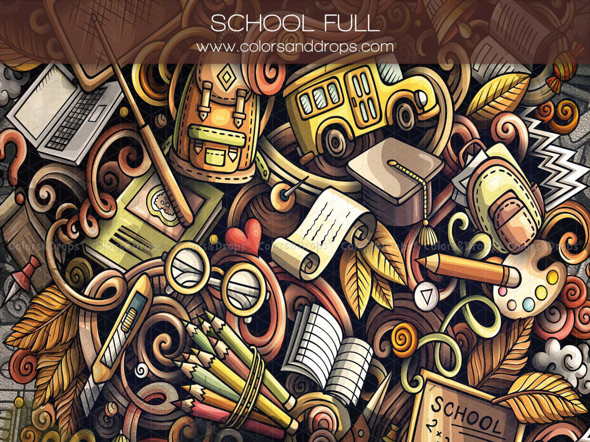 Photo backdrop School Full – dense illustration of school supplies and bus | Colors&Drops
