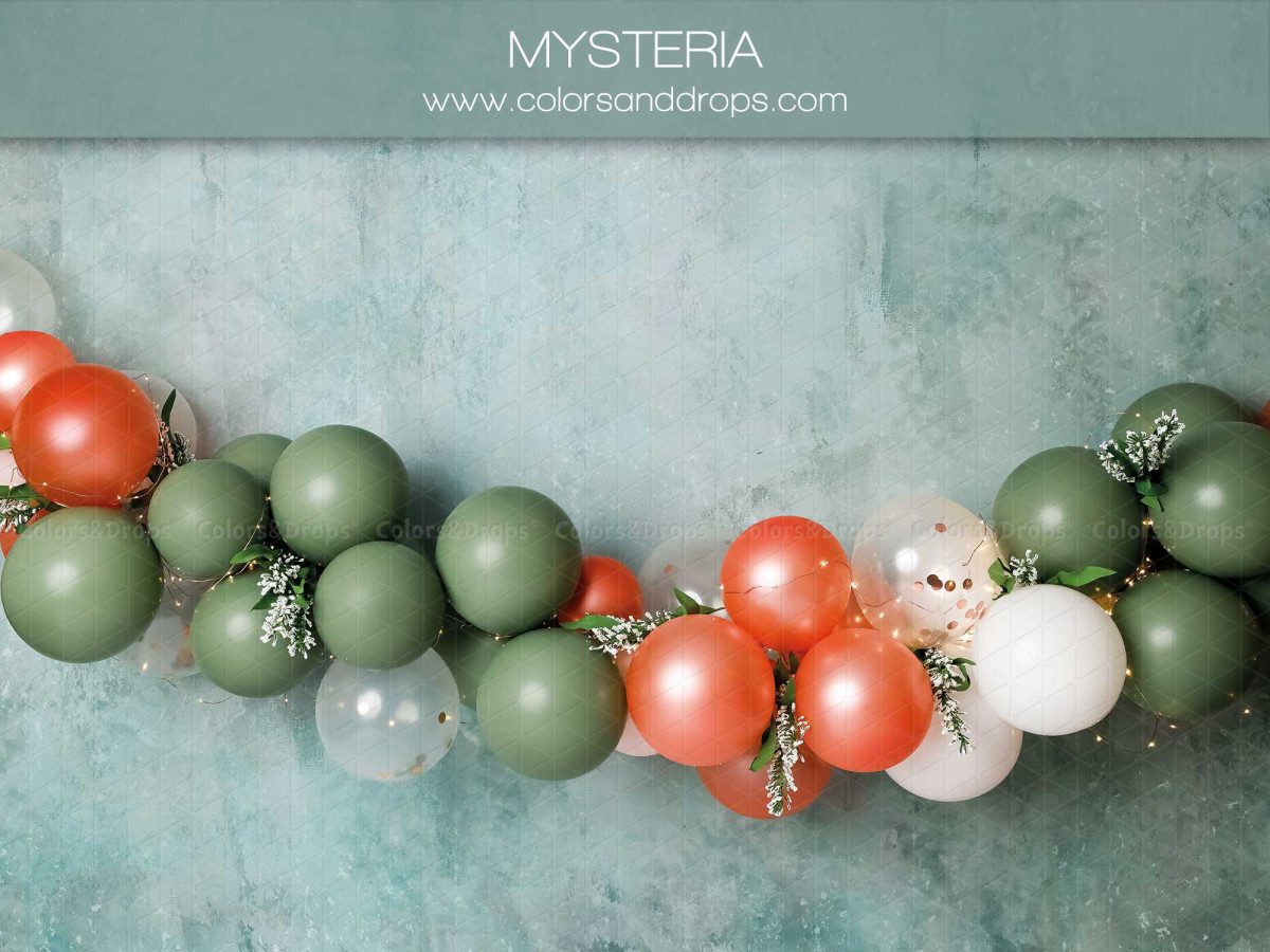 Baby & cake smash photo backdrop Mysteria – green and coral balloon garland on blue-green background | Colors&Drops
