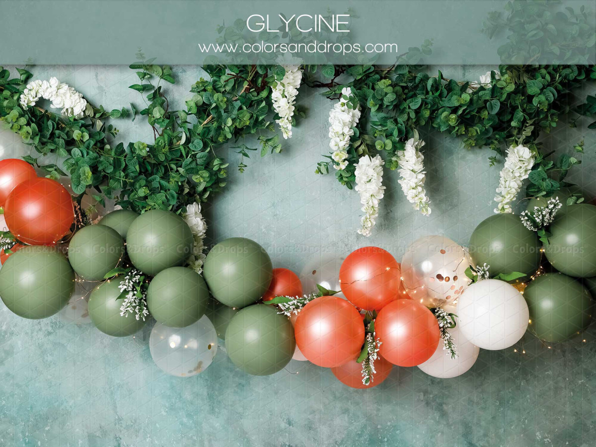 Baby & cake smash photo backdrop Glycine – green and coral balloon garland with wisteria | Colors&Drops