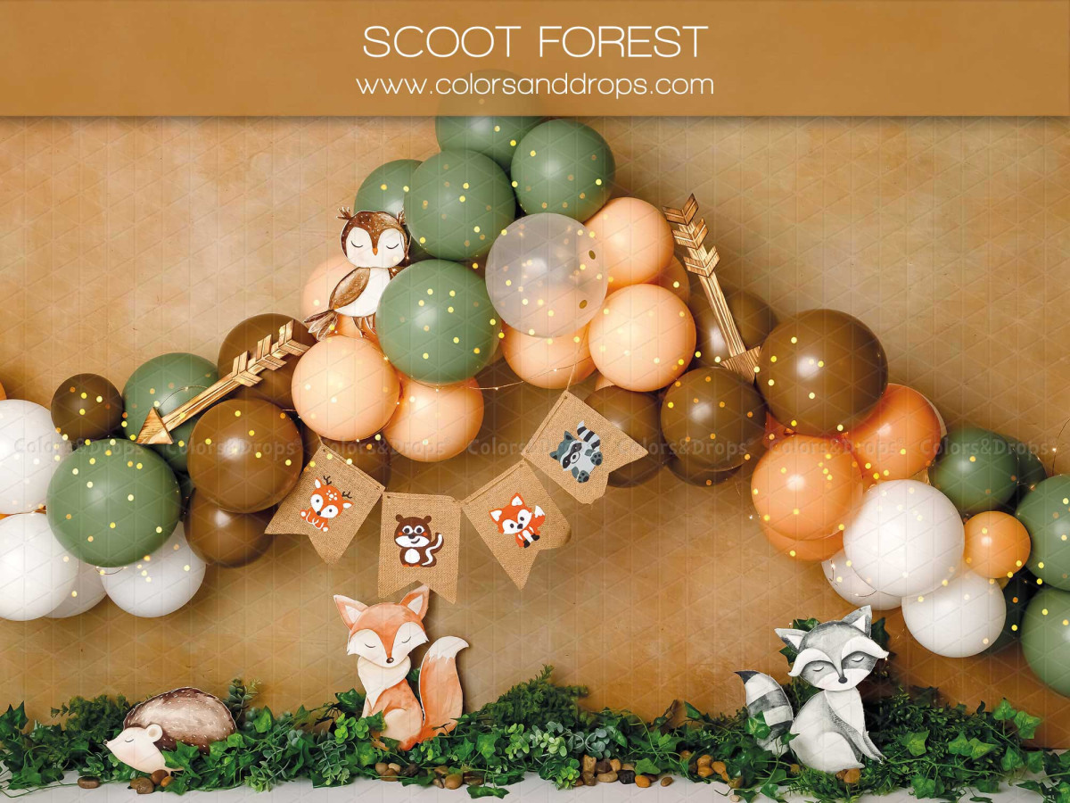 Fond photo bébé et smash cake Scoot Forest – guirlande de ballons forêt avec renard, raton laveur et fanions | Colors&Drops