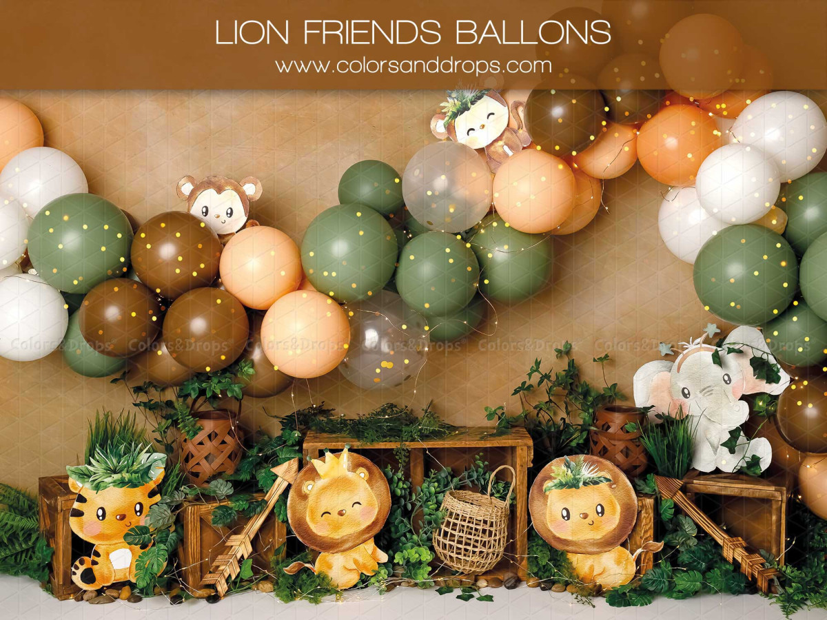 Baby & cake smash photo backdrop Lion Friends Ballons – balloon arch with plush lions and crates | Colors&Drops