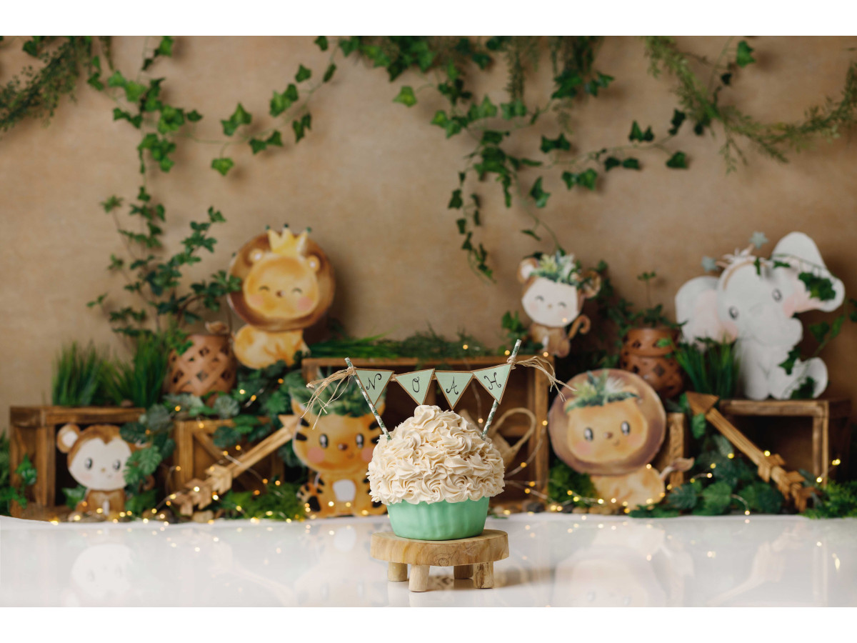 Fond photo bébé et smash cake Lion Friends – mur ocre avec lierre, lions en peluche et caisses | Colors&Drops