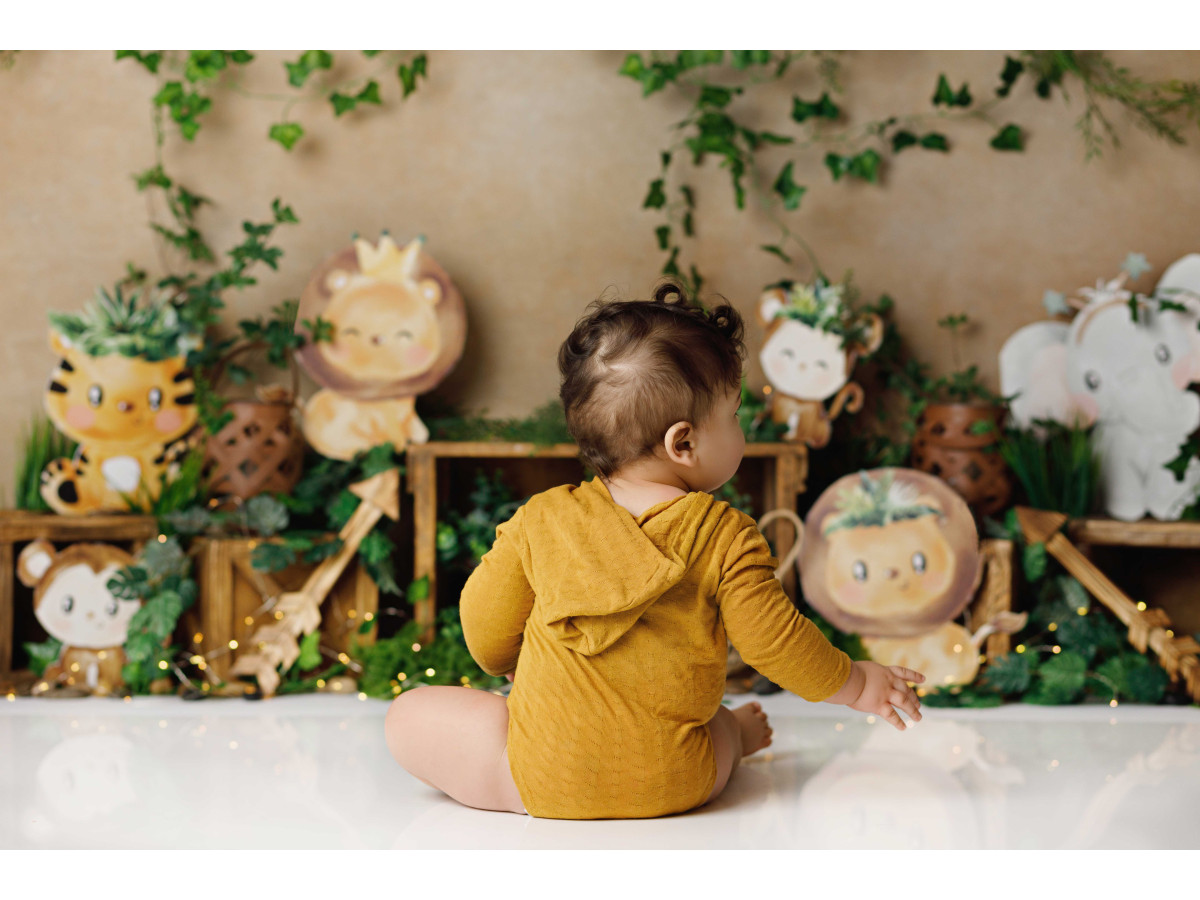 Fond photo bébé et smash cake Lion Friends – mur ocre avec lierre, lions en peluche et caisses | Colors&Drops