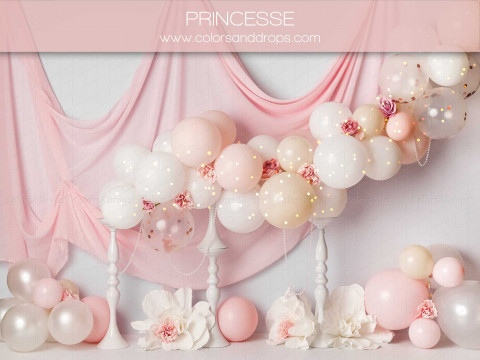 Fondo fotográfico de bebé y smash cake Princesse – arco de globos rosa pálido con drapeado y flores | Colors&Drops