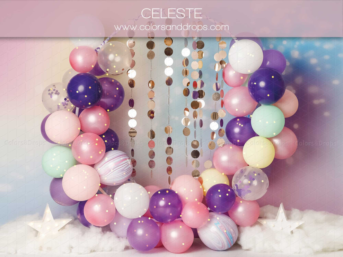 Fondo fotográfico de bebé y smash cake Celeste – aro de globos pastel con cortina de lentejuelas | Colors&Drops