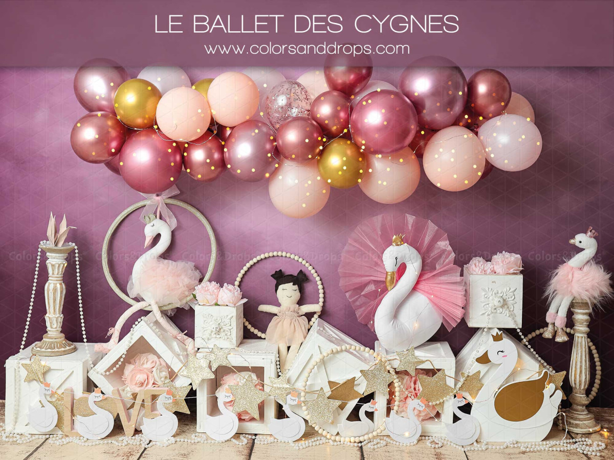 Fondo fotográfico de bebé y smash cake Le Ballet des Cygnes – globos rosas con cisnes, bailarina y aros | Colors&Drops