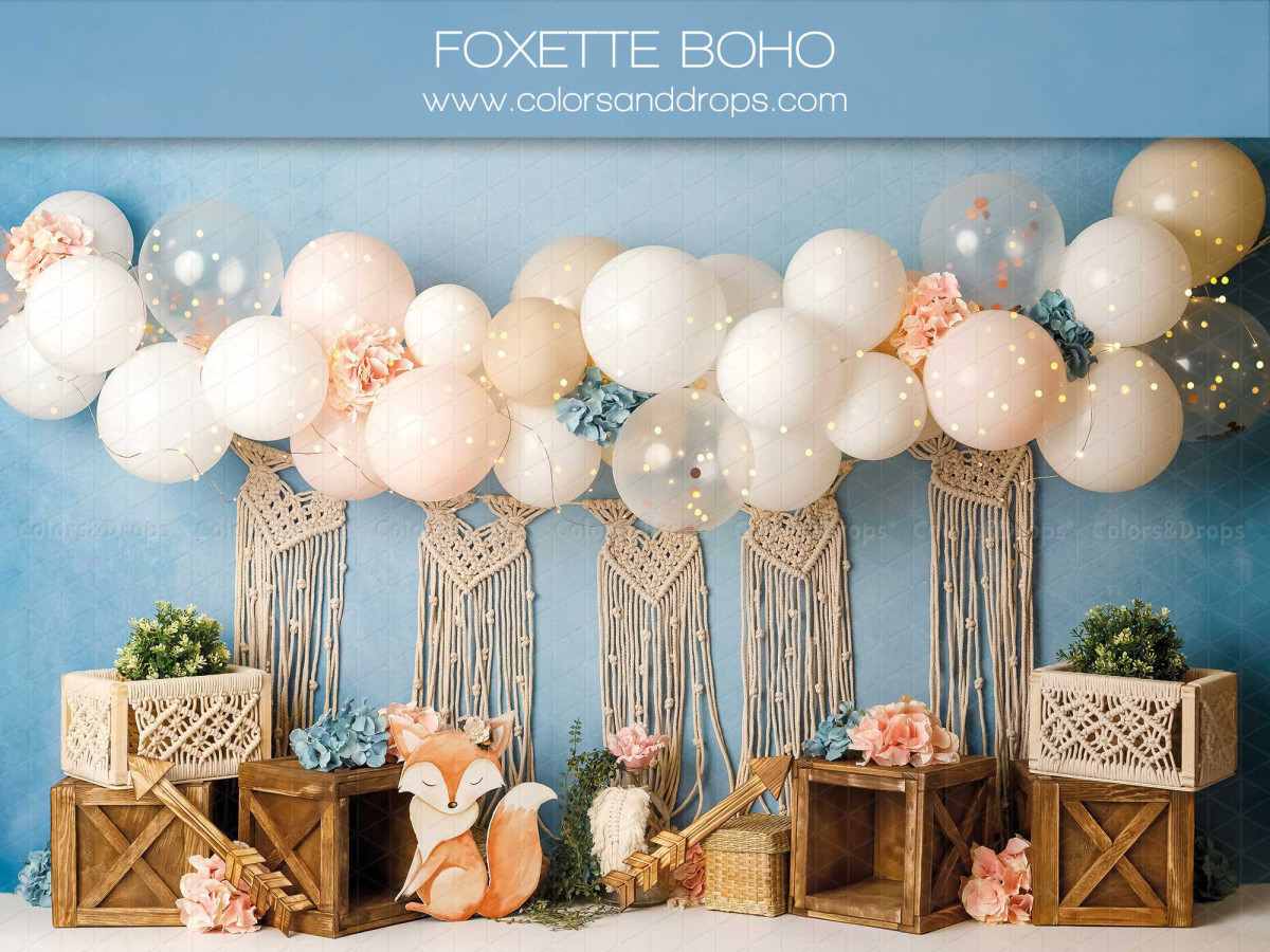 Fondo fotográfico de bebé y smash cake Foxette Boho – guirnalda de globos pastel con macramé y zorros | Colors&Drops
